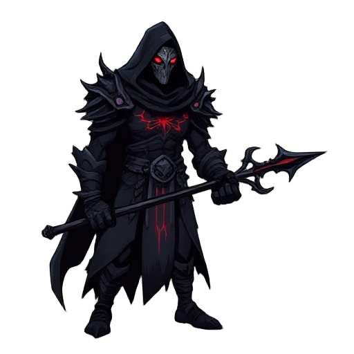 dark fantasy metroidvania hero. "guardian of the shard", hybrid of man and void. tall, agile, masked face with glowing cracks. wears torn black robes + organic armor. dark veins glow red. carries ancient corrupted glaive. gothic, tragic, mysterious, cinem