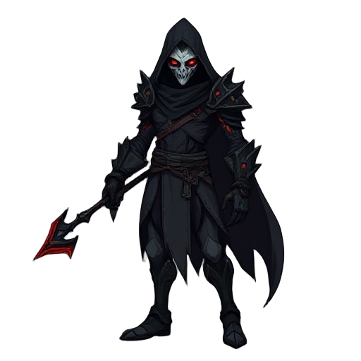 dark fantasy metroidvania hero. "guardian of the shard", hybrid of man and void. tall, agile, masked face with glowing cracks. wears torn black robes + organic armor. dark veins glow red. carries ancient corrupted glaive. gothic, tragic, mysterious, cinem