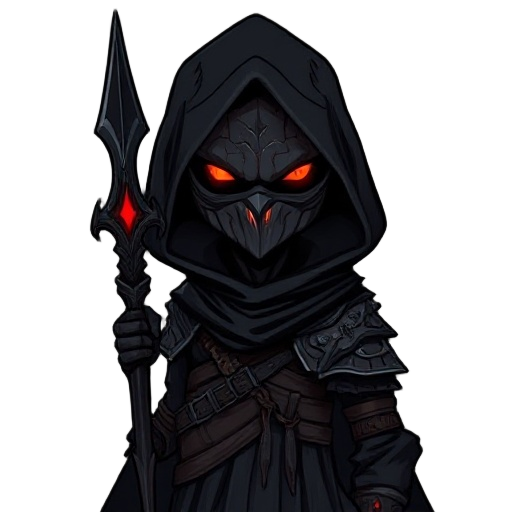 dark fantasy metroidvania hero. "guardian of the shard", hybrid of man and void. tall, agile, masked face with glowing cracks. wears torn black robes + organic armor. dark veins glow red. carries ancient corrupted glaive. gothic, tragic, mysterious, cinem