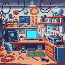 "design a vibrant **electronics repair shop** game in **pixel art** style! fill the scene with repair tools (screwdrivers, soldering iron, circuit boards) and a detailed workshop backdrop (cluttered s