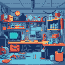 "design a vibrant **electronics repair shop** game in **pixel art** style! fill the scene with repair tools (screwdrivers, soldering iron, circuit boards) and a detailed workshop backdrop (cluttered s