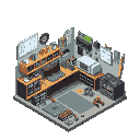"design a vibrant **electronics repair shop** game in **pixel art** style! fill the scene with repair tools (screwdrivers, soldering iron, circuit boards) and a detailed workshop backdrop (cluttered s