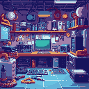 "design a vibrant **electronics repair shop** game in **pixel art** style! fill the scene with repair tools (screwdrivers, soldering iron, circuit boards) and a detailed workshop backdrop (cluttered s