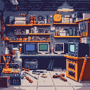 "design a vibrant **electronics repair shop** game in **pixel art** style! fill the scene with repair tools (screwdrivers, soldering iron, circuit boards) and a detailed workshop backdrop (cluttered s
