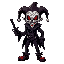 "a sinister joker with a cracked porcelain mask, glowing red eyes, and a twisted grin. wears a tattered jester outfit with dark, bloodstained fabric. holds a sharp dagger, exuding an eerie, menacing a