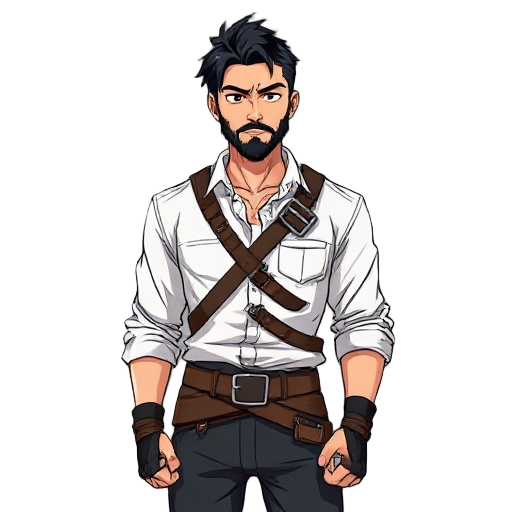 a portrait of kenji, a 34-year-old japanese man with a beard and short black hair, wearing a tattered white office shirt under leather straps and a single pauldron, in a sharp-lined anime style, solid