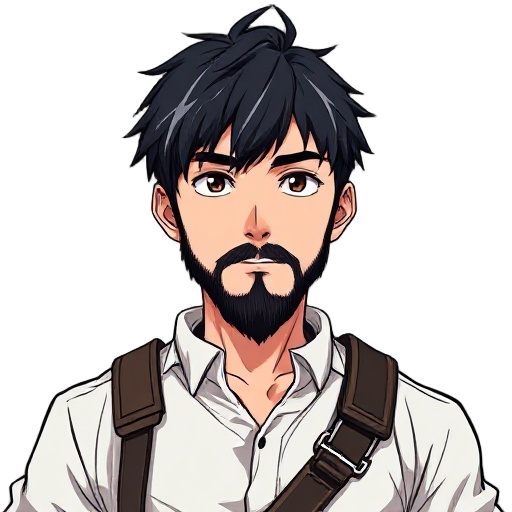 a portrait of kenji, a 34-year-old japanese man with a beard and short black hair, wearing a tattered white office shirt under leather straps and a single pauldron, in a sharp-lined anime style, solid