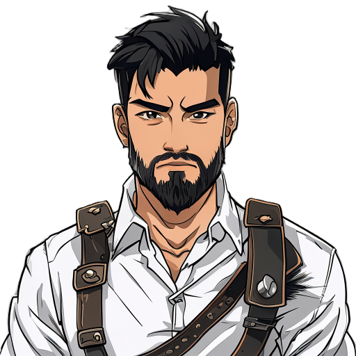 a portrait of kenji, a 34-year-old japanese man with a beard and short black hair, wearing a tattered white office shirt under leather straps and a single pauldron, in a sharp-lined anime style, solid