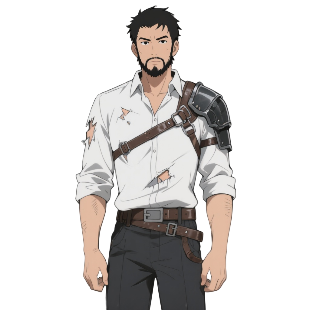 a portrait of kenji, a 34-year-old japanese man with a beard and short black hair, wearing a tattered white office shirt under leather straps and a single pauldron, in a sharp-lined anime style, solid