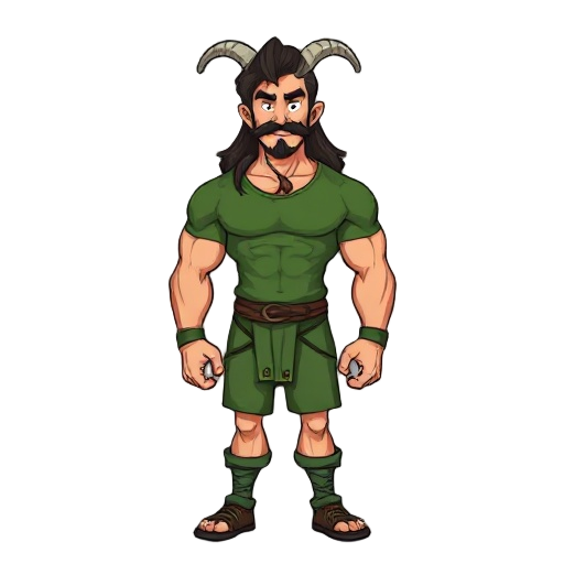 a muscular guy wearing green with long to mid brown to black hair standing in pixle art with a mustach and a goatie
