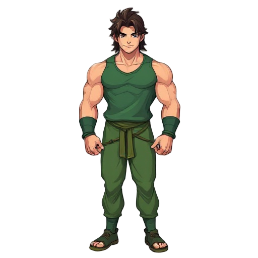 a muscular guy wearing green with long to mid brown to black hair standing