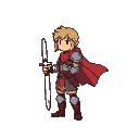 [pixel art], [idle animation], adventurer standing,  both hands holding sword, cape slightly waving,  2 frame loop, 0.5秒间隔,  side view, 32x32 pixels, thick outline,  color: #ff0000 (armor), #ffffff (c