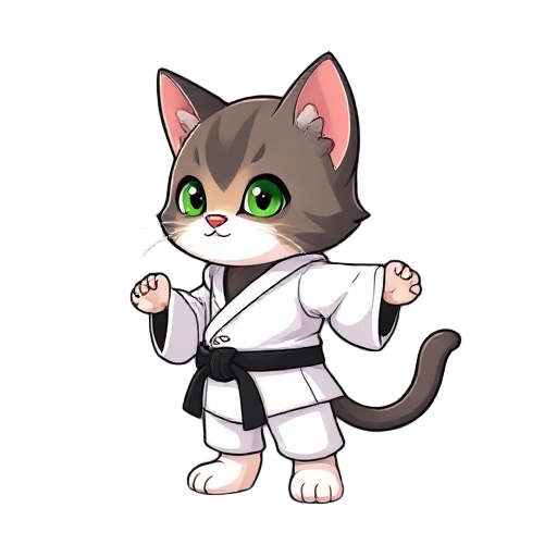 a kitten wearing karate outfit blackbelt-karate, side facing.