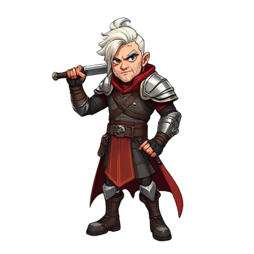 homem de cabelos brancos longos, parcialmente amarrado, capa longa e esvoaçante, com detalhes em prata e vermelho escuro, armadura leve de couro e metal, cicatriz no rosto, botas reforçadas, cinto com bolsas para poções, segurando uma espada