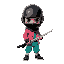 a kid ninja, black opaque glossy full face helmet, a pink jacket, turquoise shirt, light green joggers that are tucked into white socks with black shoes. the ninja is holding a black and white katana