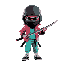 a kid ninja wearing a black helmet like daft punk, a pink jacket, turquoise shirt, light green joggers that are tucked into white socks with black shoes. the ninja is holding a black and white katana