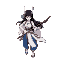 a valkyrie, but modeled after a shinto priestess. white top, blue pants, long black hair. serious looking. wielding a bow. generate a walk cycle sprite sheet in 4 directions