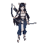 a valkyrie, but modeled after a shinto priestess. white top, blue pants, long black hair. serious looking. wielding a bow. in the style of final fantasy 6