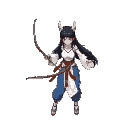 a valkyrie, but modeled after a shinto priestess. white top, blue pants, long black hair. serious looking. wielding a bow. generate a walk cycle sprite sheet in 4 directions