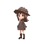 a girl, brown_hair，red_eyes，hat，long_sleeves, full body, side view