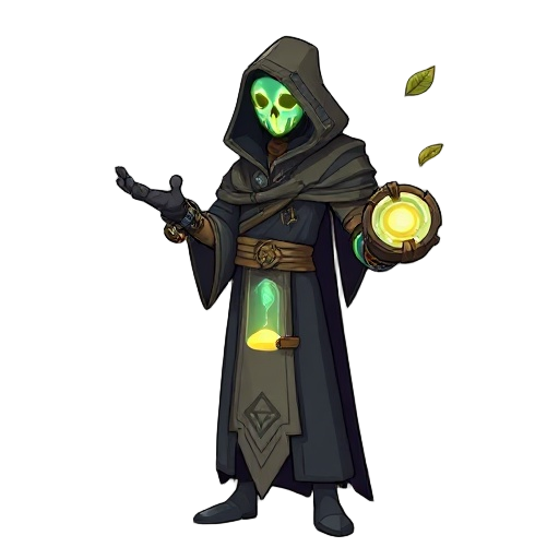 a tall, robed figure with a glowing hourglass mask and one mechanical arm with spinning rings. their cloak flickers through time, stitched with runes and tech. temporal rings float behind them. in idle, they rotate a glowing dial as a falling leaf reverse
