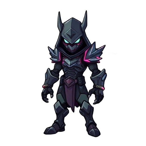 a warped enforcer from broken timelines, cloaked in temporal shadows. its angular mask and flickering limbs betray its unstable nature. entropy coils around it like smoke, as fragments of past and future armor pulse with paradox energy. a menace born from