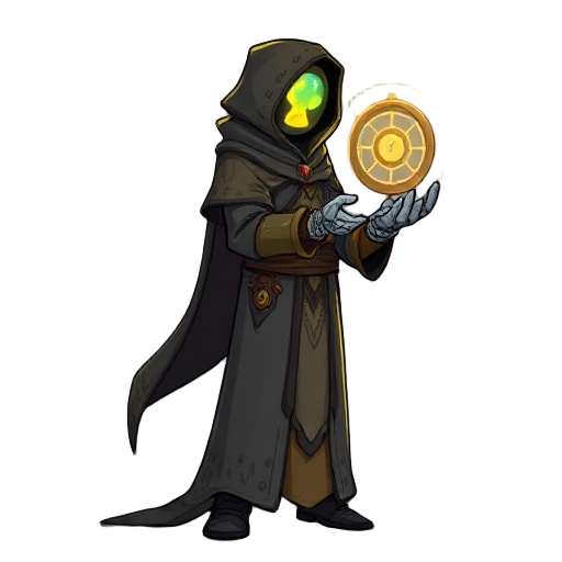 a tall, robed figure with a glowing hourglass mask and one mechanical arm with spinning rings. their cloak flickers through time, stitched with runes and tech. temporal rings float behind them. in idle, they rotate a glowing dial as a falling leaf reverse