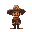 un personaje pixel art con un estilo retro de es un forajido con un gran sombrero de vaquero y una bufanda roja cubriendo su rostro su ropa es oscura con detalles verdes y dorados