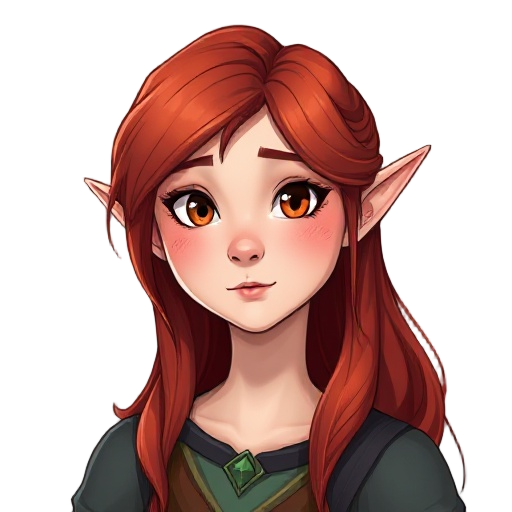 elven woman with red hair and fair skin. about 18 years old 
