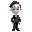 doll, completely white skin, wears a suit,no pants,short stubby legs,very long and pointy nose,pink & yellow glasses, black laid-back hair