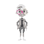doll, completely white skin, wears a suit,no pants,short stubby legs,long nose,pink & yellow glasses