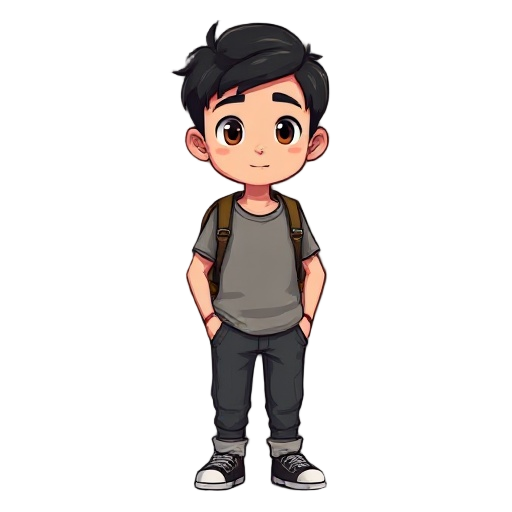 gender: male  appearance: short black hair, gentle brown eyes, casual clothing with a slightly worn backpack.  personality: introverted, thoughtful, sometimes avoids confrontation, deeply caring but often takes  loved ones for granted.