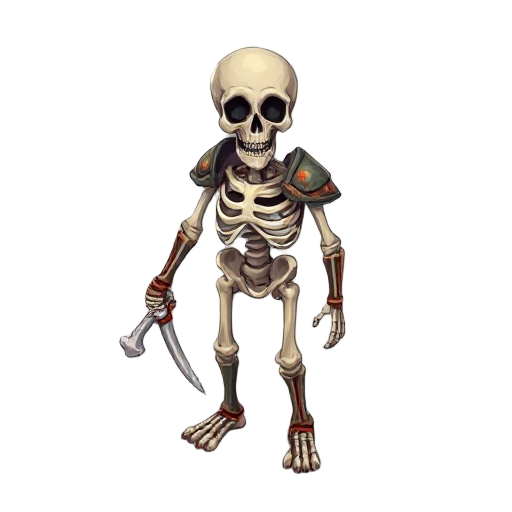animated skeleton, falling to pieces, in a few pieces of rusting armor and holding a broken bone point down like a dagger