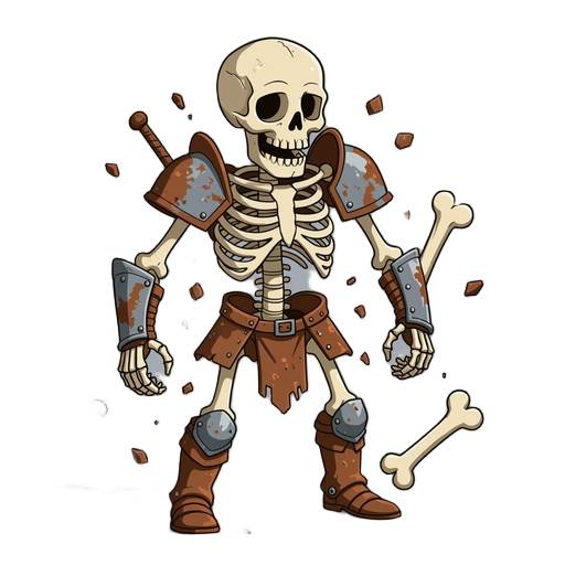 animated skeleton, falling to pieces, in a few pieces of rusting armor and holding a broken bone point down like a dagger