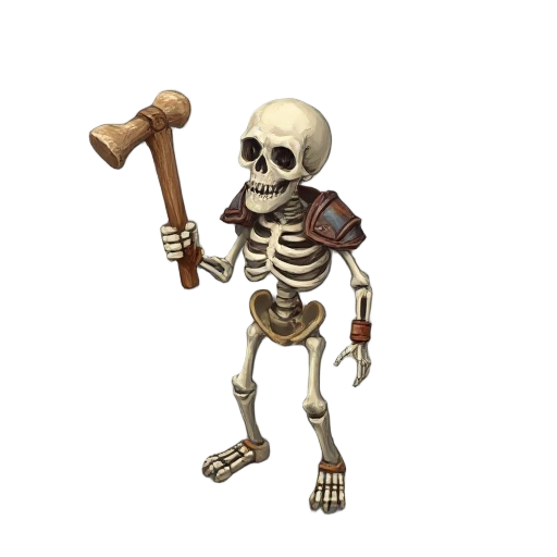animated skeleton, falling to pieces, in a few pieces of rusting armor and using a bone as a club