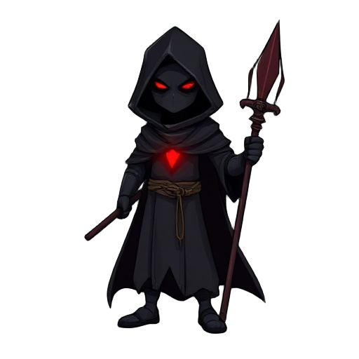 a dark character wearing a black robe and in chest red glow and holding a spear in hand