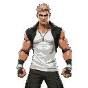 a man wearing a white tank top, a black shirt over the tank top, green cargo pants, dog tag in his neck, bandaged hands, dark blond hair, muscled body, he is in a fighting stance. full body view