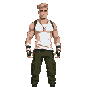 a man wearing a white tank top, a black shirt over the tank top, green cargo pants, dog tag in his neck, bandaged hands, dark blond hair, muscled body. full body view