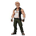 a man wearing a white tank top, a black shirt over the tank top, green cargo pants, dog tag in his neck, bandaged hands, dark blond hair, muscled body, he is in a fighting stance. full body view