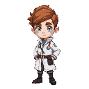 um medico para um jogo de rpg 2d, vestido com um jaleco branco comprido, cabelos curtos castanhos, e olhos azuis brilhantes, carregando uma pasta onde guarda objetos de medico e bisturis que usa para atacar, preciso de versoes dele, andando, parado, corre