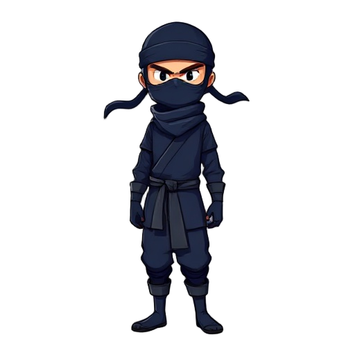 a ninja he is dressed in a traditional dark blue ninja outfit, complete with a mask covering his face, leaving only his eyes visible. the outfit includes a tunic, pants, and a headband with long, flow