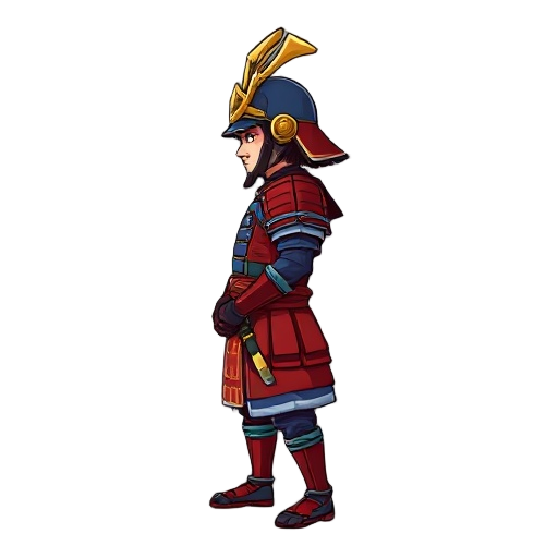 side view of a samurai warrior standing.the samurai is dressed in traditional with a deep red armor and blue color scheme,including a helmet with golden crest. 