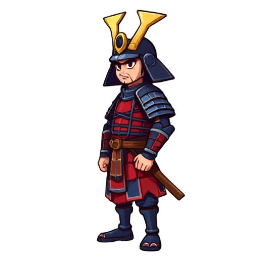side view of a samurai warrior standing.the samurai is dressed in traditional with a deep red armor and blue color scheme,including a helmet with golden crest. the samurai has a stern expression.