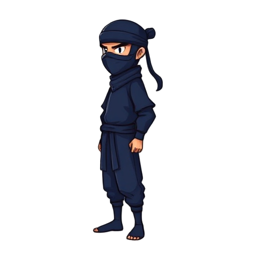 a ninja side view he is dressed in a traditional dark blue ninja outfit, complete with a mask covering his face. the outfit includes a tunic, pants, and a headband with long, flowing ends