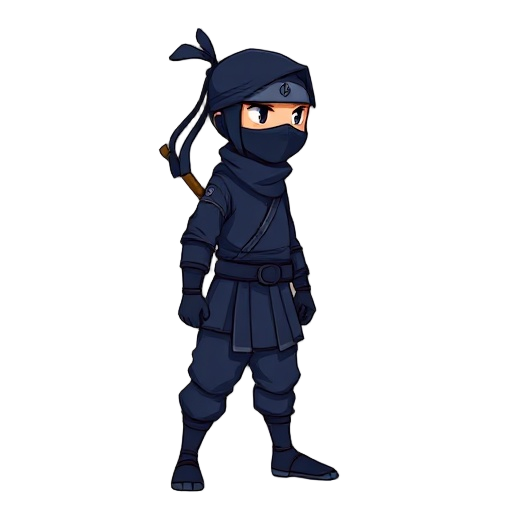a ninja side view he is dressed in a traditional dark blue ninja outfit, with a mask covering his face. the outfit includes a tunic, pants, and a headband with long,flowing ends looks like. a gi