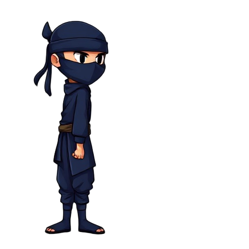 a ninja side view he is dressed in a traditional dark blue ninja outfit, complete with a mask covering his face. the outfit includes a tunic, pants, and a headband with long, flowing ends. non cartoon