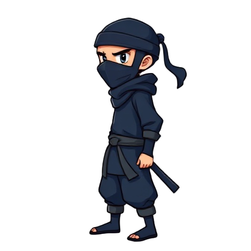 a ninja side view he is dressed in a traditional dark blue ninja outfit, with a mask covering his face. the outfit includes a tunic, pants, and a headband with long,flowing ends looks like. a gi