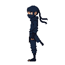 a ninja side view he is dressed in a traditional dark blue ninja outfit, with a mask covering his face. the outfit includes a tunic, pants, and a headband with long,flowing ends looks like. a gi