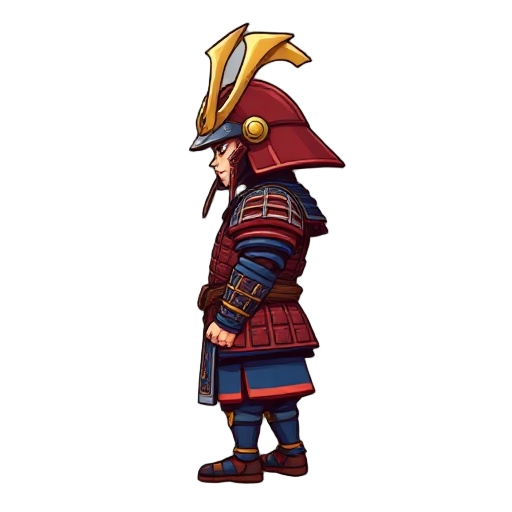 samurai side view with a deep red armor and blue color scheme, including a helmet with a prominent golden crest. the armor is detailed with intricate patterns and textures,