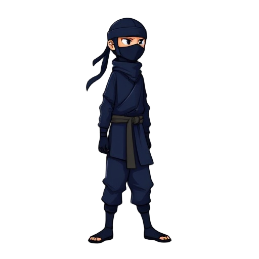 a ninja side view he is dressed in a traditional dark blue ninja outfit, with a mask covering his face. the outfit includes a tunic, pants, and a headband with long,flowing ends looks like. a gi